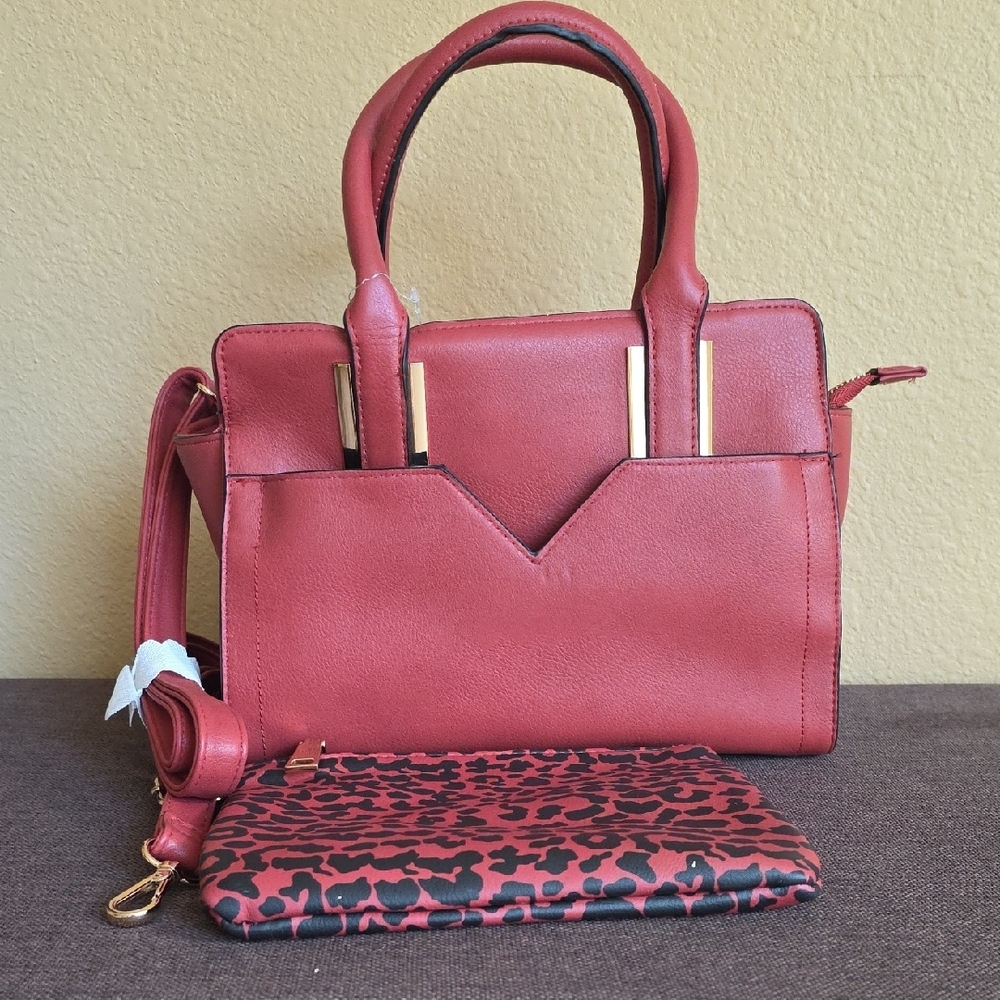 Time and Tru Red Satchel with Animal Print Detail